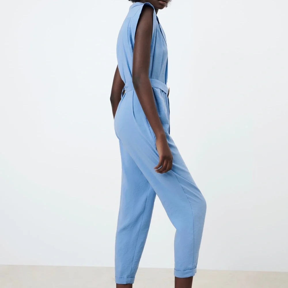 NWT Zara blue short sleeve buttoned up jumpsuit with a tie - Picture 5 of 15